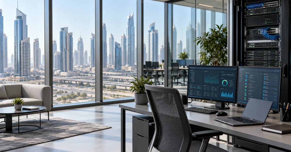 Professional IT infrastructure and network monitoring setup in a modern Dubai business office
