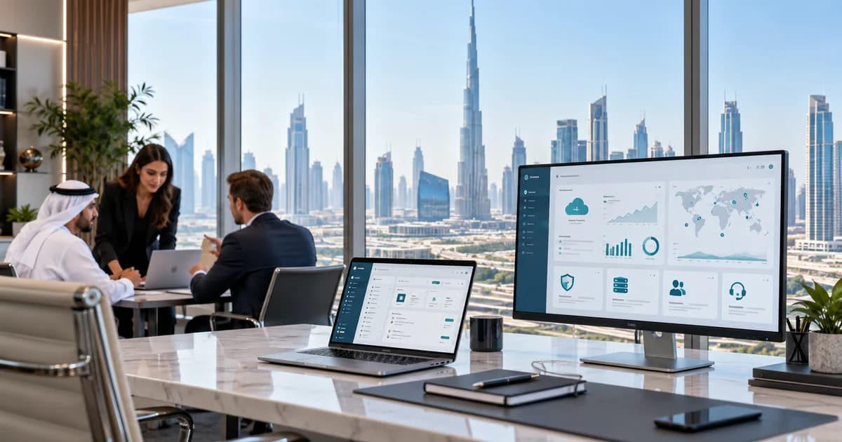 Modern Dubai office with business IT equipment overlooking the city skyline