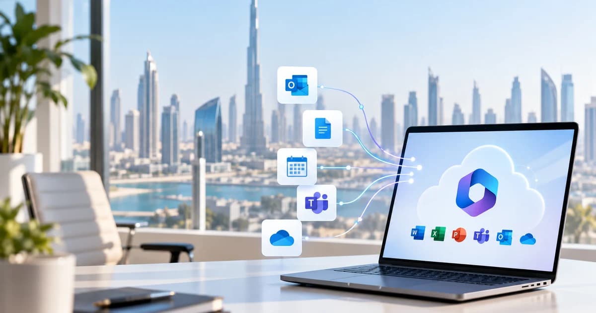 Microsoft 365 cloud migration illustrated with Outlook, Teams and OneDrive connected to a laptop overlooking the Dubai skyline