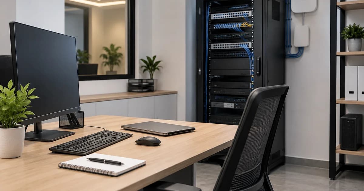 Modern office workstation beside a server rack and network cabling