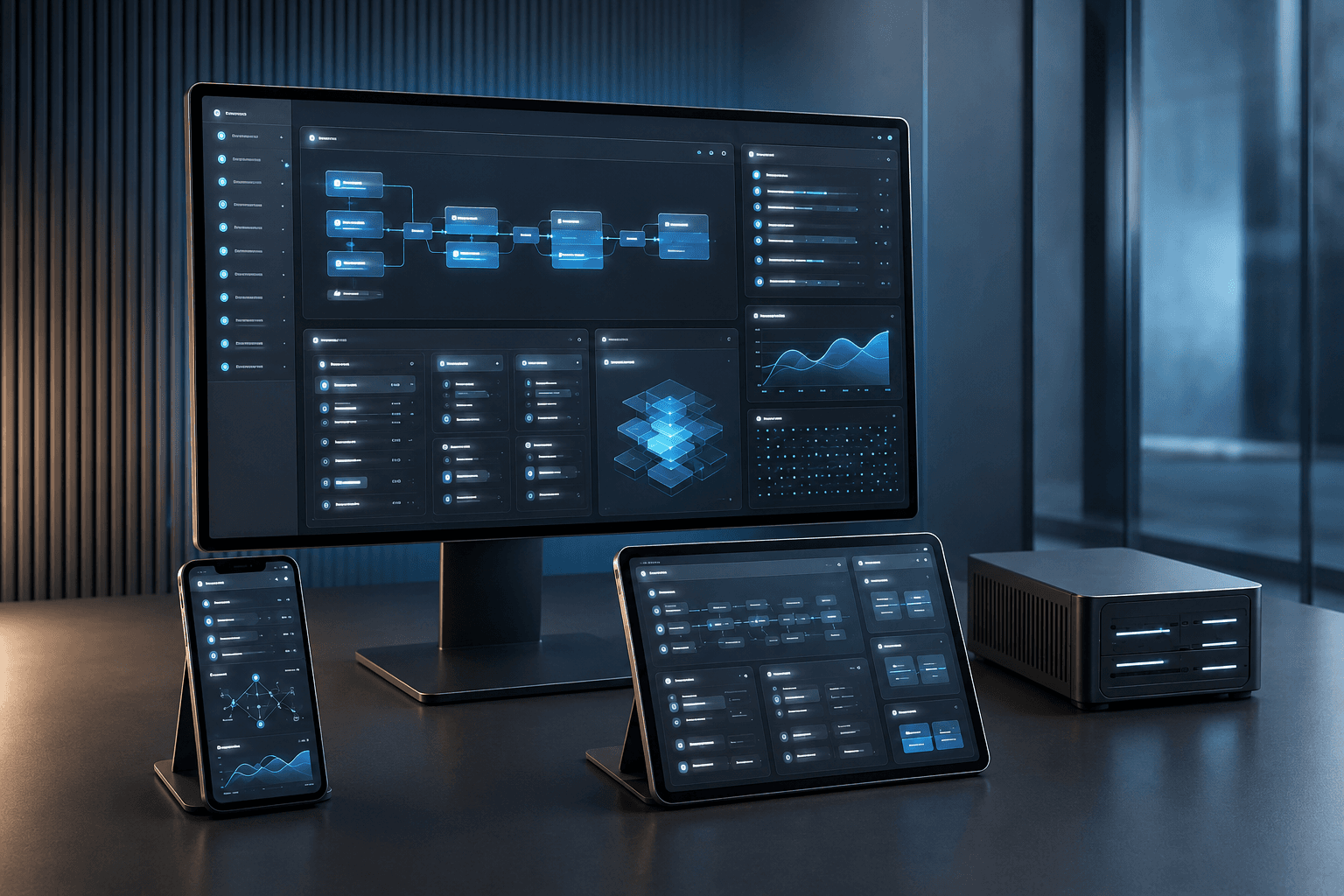 Business automation workflow dashboard with a connected process flow, analytics, and reporting cards, shown across desktop, tablet, and mobile