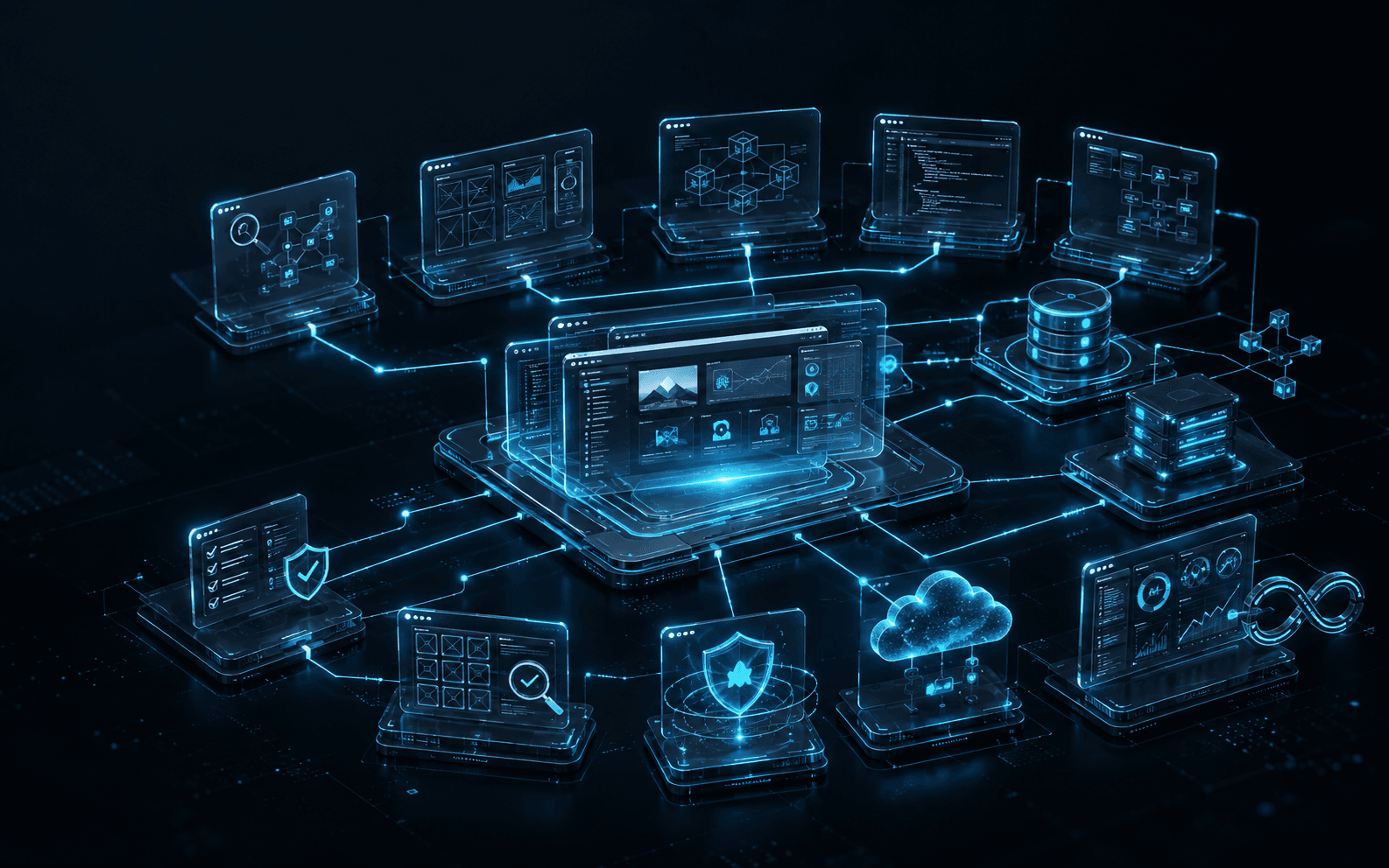 Illustration of a connected software architecture, showing modular systems, security, and data pipelines working together